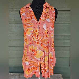 Anthropologie Floral Sleeveless Blouse - Red, Orange, and Yellow--100% Viscose